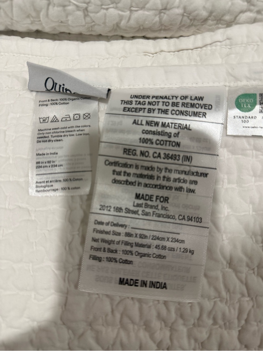 New Organic Cotton Hand Stitched Quilt Set Full/Queen - White MSRP $174 - Picture 11 of 13